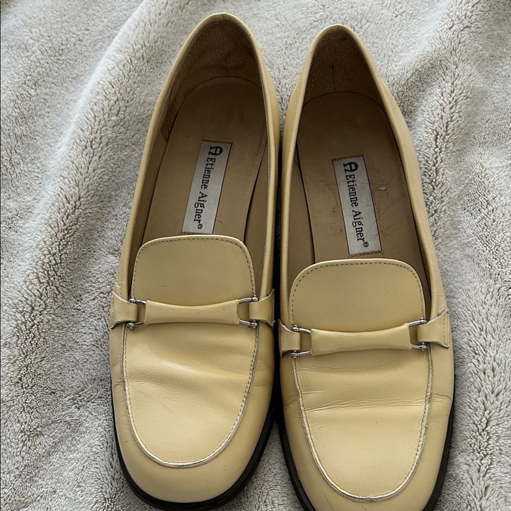Etienne Aigner Pale Yellow Leather Loafers with Metal Bit